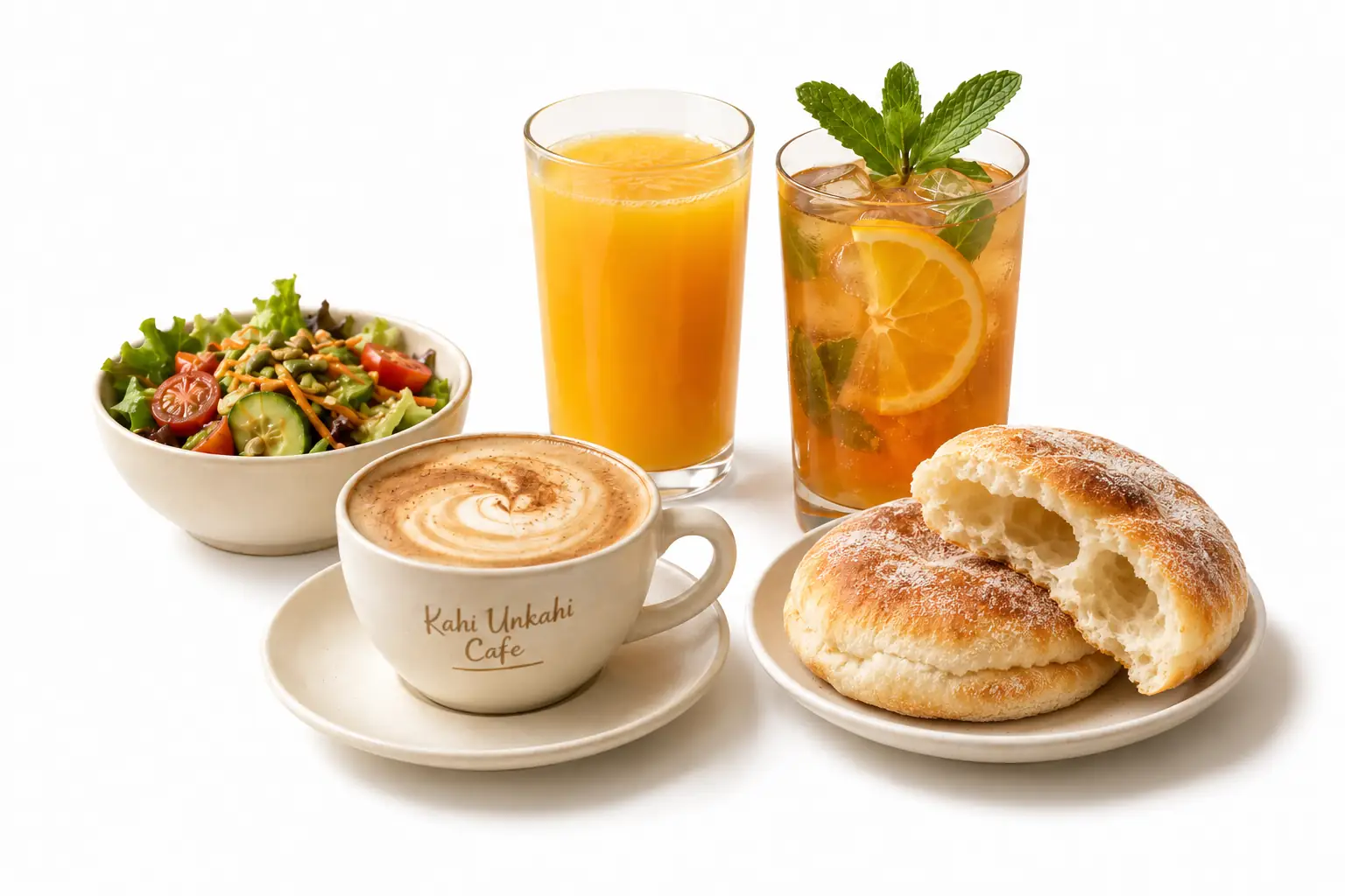 Cappuccino in a Kahi Unkahi Café cup with fresh orange juice, an iced citrus mocktail with mint, a garden salad and warm bread rolls