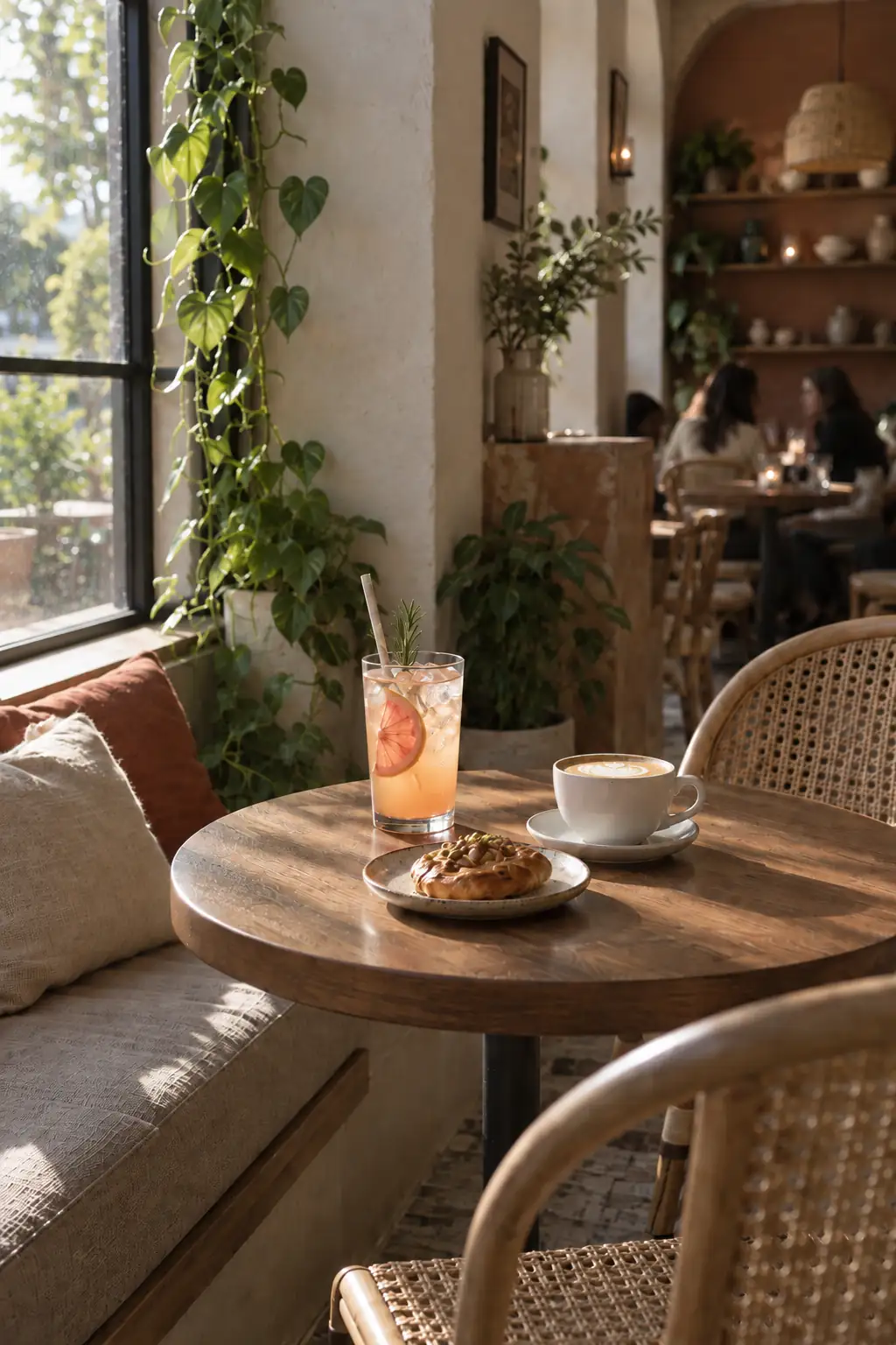 A sunlit window seat in the café, framed by trailing plants, with an iced citrus mocktail, a pastry and a cappuccino on a round wooden table